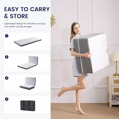 White 6 Inch Tri-Fold Memory Foam Mattress topper - Foldable Guest Bed for Camping