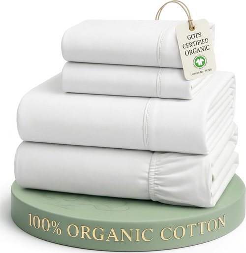 LANE LINEN Organic Cotton Queen Sheet Set - Eco-Friendly, Soft & Comfy, 15" Deep Pocket - White