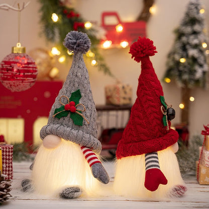 Skiennix Lighted Christmas Gnome Ornaments - 2 Pack LED Battery Operated Decor (Red & Grey)
