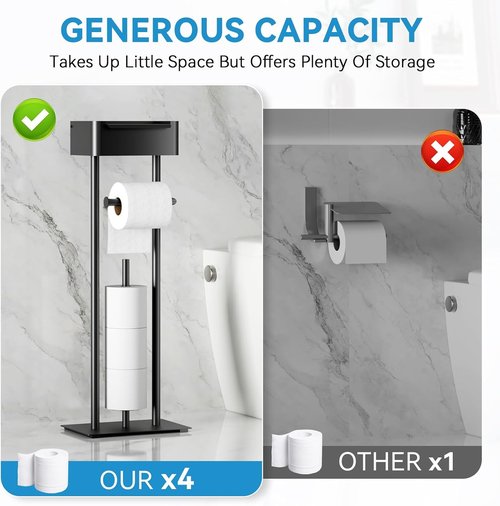 Free Standing Toilet Paper Holder by [Brand Name] - Stylish Bathroom Organizer with Shelf for 4 Rolls - 29.7” x 12.6” (Matte Black)
