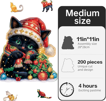 Skiennix Wooden Jigsaw Puzzle - 200 Piece Christmas Cat Design | Unique 11 x 11 Inch Challenge for Adults