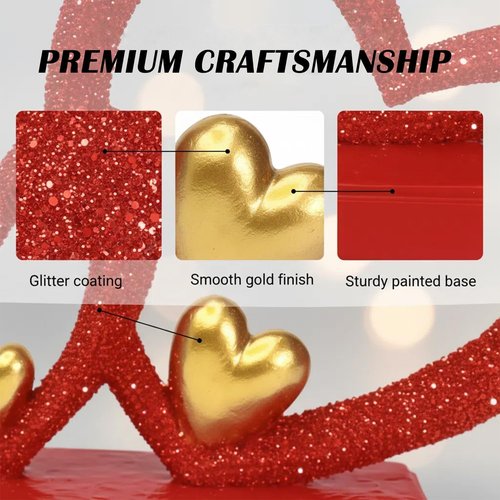 Double Heart Sculpture - Romantic Room Decor with Gold Accents | 7.9" Faux Beaded Statue for Anniversary & Wedding Gifts
