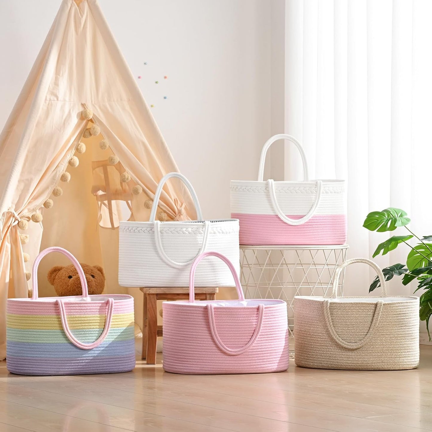 Skiennix 19L Baby Diaper Caddy Organizer - Cotton Rope Storage Basket with Removable Divider, Perfect for Nursery & Baby Showers