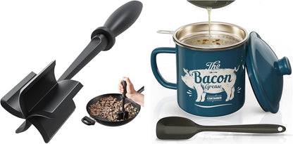 Skiennix Meat Chopper - Efficient Black Kitchen Tool with 46oz Blue Bacon Grease Container