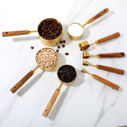 8 Piece Premium Stainless Steel Measuring Cups with Wood Handles, Gold Measuring Cups and Spoons Set,4 Stackable Wooden Measuring Cups and 4 Measuring Spoons Set for Baking Supplies in the Kitchen