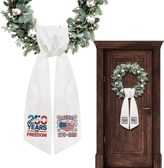 USA 250 Years Freedom Wreath Sash - Patriotic Front Door Decor with American Map Ribbon