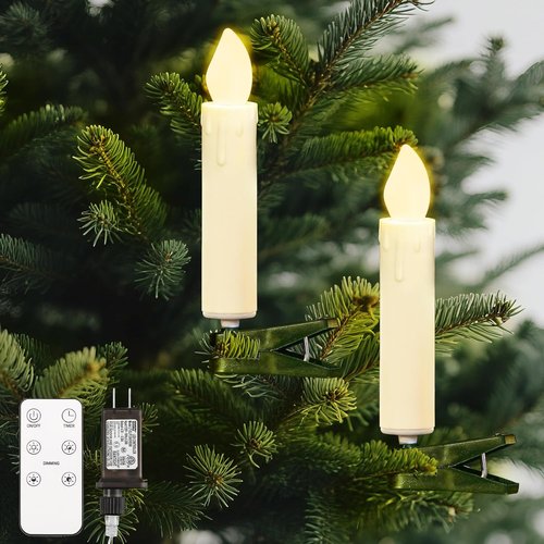 Lewondr LED Christmas Tree Candle Lights - 20 Flameless Clips with Remote & Timer | Beige Holiday Ornaments