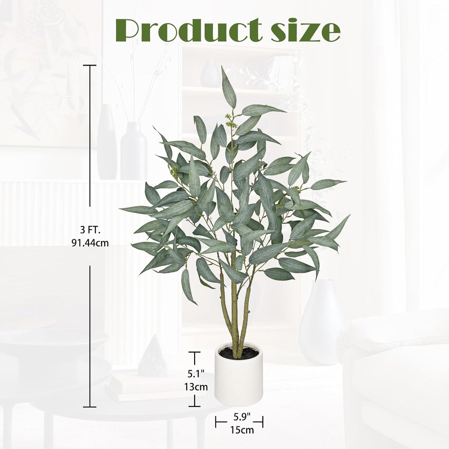 Skiennix Artificial Eucalyptus Tree - 3FT Faux Indoor Plant in White Pot for Modern Home Décor