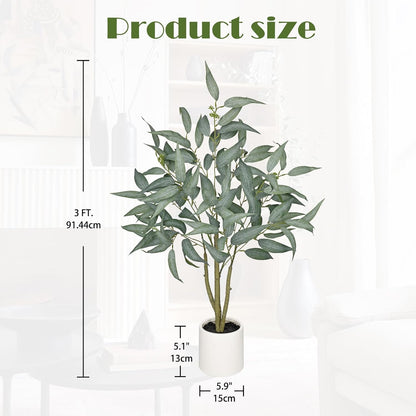 Skiennix Artificial Eucalyptus Tree - 3FT Faux Indoor Plant in White Pot for Modern Home Décor