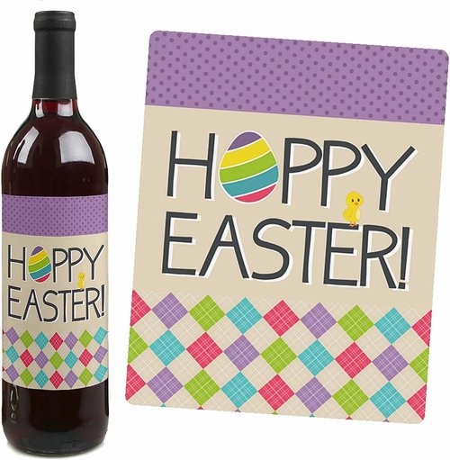 Big Dot of Happiness Hippity Hoppity - Easter Bunny Party Decorations for Women and Men - Wine Bottle Label Stickers - Set of 4