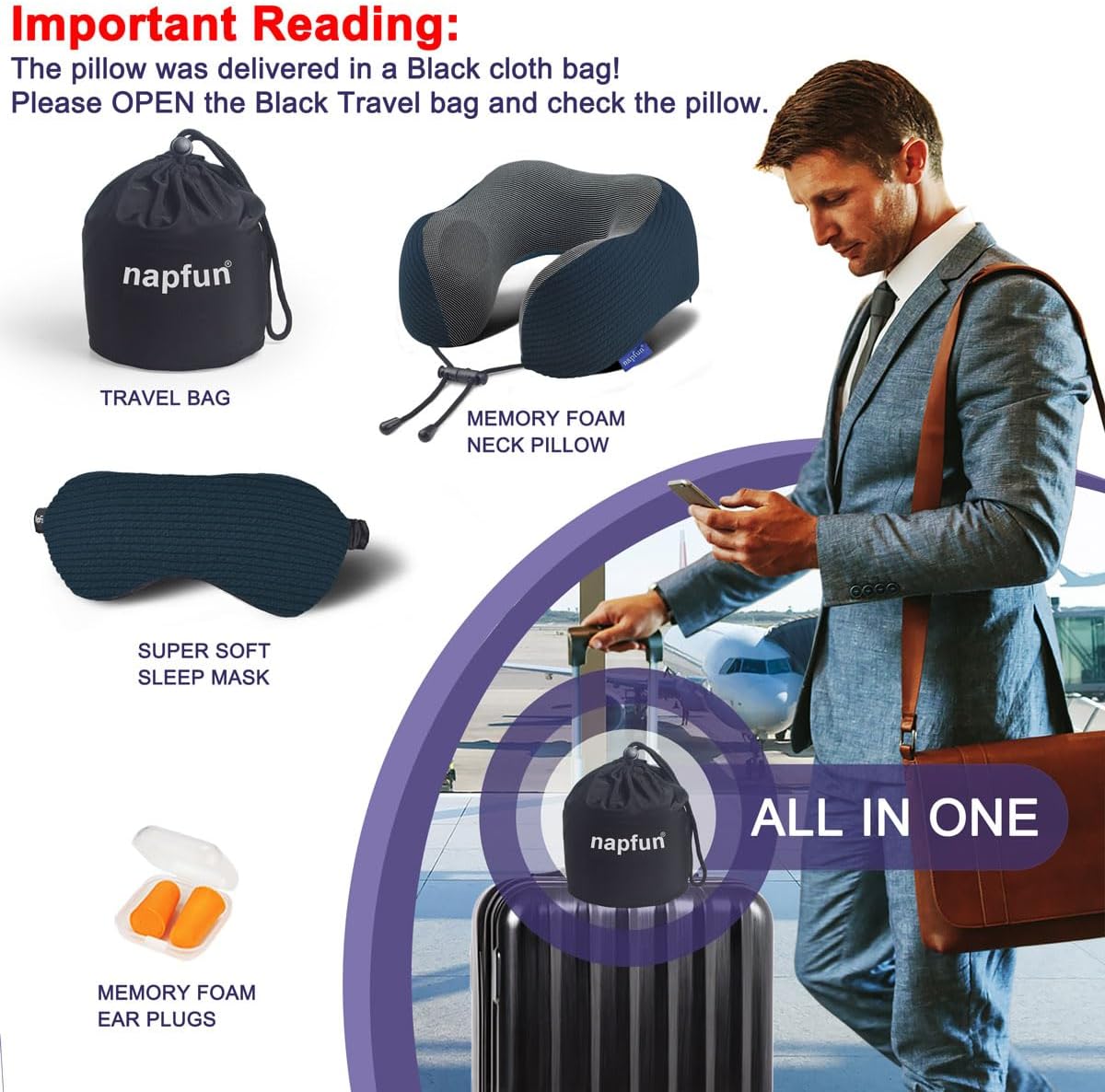 Napfun Neck Pillow - Memory Foam Travel Pillow with Pouch, Sleep Mask & Earplugs | Black Striped Kit