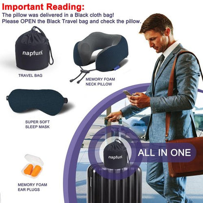 napfun Neck Pillow for Travel with Travel Pouch, Sleep Mask & Earplugs, Memory Foam Airplane Pillow for Headrest Sleep with Eyeshades, Plane Essentials with Eye Blindfold, Black Striped Kit
