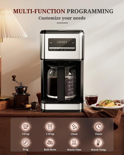Kismile 14-Cup Programmable Coffee Maker - Stainless Steel, Self-Cleaning, Timer & Reusable Filter