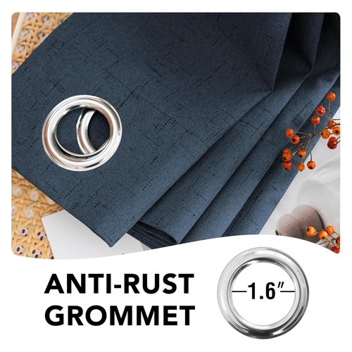 H.VERSAILTEX Linen Curtains 100% Blackout Curtains for Bedroom 90 inch Long Full Light Blocking Nature Linen Blended Window Curtains for Living Room Nickel Grommet (2 Panels, Navy)