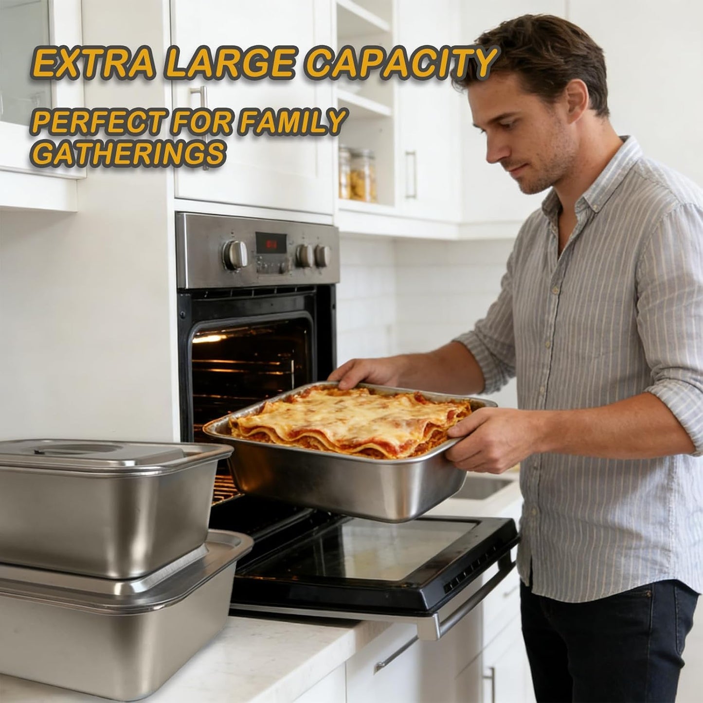 Stainless Steel Baking Pan Set by [Brand Name] - 2-Piece Lasagna & Roasting Pans with Lids | 4-Inch Deep, 7.4 QT & 5.1 QT