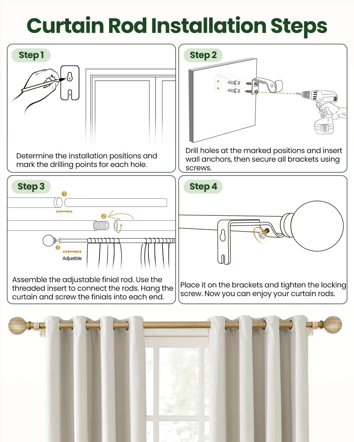 OICIPT Boho Wood Curtain Rods for Windows 48 to 84 Inch, 1" Adjustable Curtain Rod with Imitation Wooden Grain Finials, Decorative Heavy Duty Rustic Farmhouse Drapery Rods, 36-88'', Weathered Wood