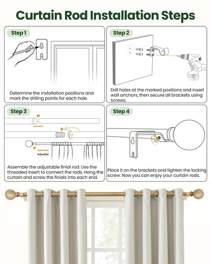 OICIPT Boho Wood Curtain Rods for Windows 48 to 84 Inch, 1" Adjustable Curtain Rod with Imitation Wooden Grain Finials, Decorative Heavy Duty Rustic Farmhouse Drapery Rods, 36-88'', Weathered Wood
