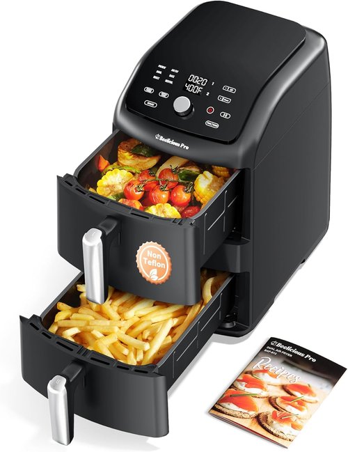 12QT Large Double Air Fryer by [Brand Name] - 10-in-1 Dual Airfryer with SyncHeat Tech, Compact Design, PFAS-Free, Black