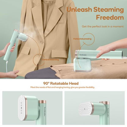 Newbealer Steamer for Clothes, 1200W Portable Steam Iron, 2 Steam Levels, Horizontal and Vertical Steaming, Dry Ironing, 15s Heat Up, Rotatable, 302°F Garment Wrinkle Remover, Green (120V Only)