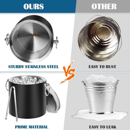 Ice Bucket with Lid & Tong- Well Made Insulated Stainless Steel Keep Ice Frozen Longer - Ideal for Cocktail Bar, Parties, Chilling Wine, Champagne - 3 Liter (Black)