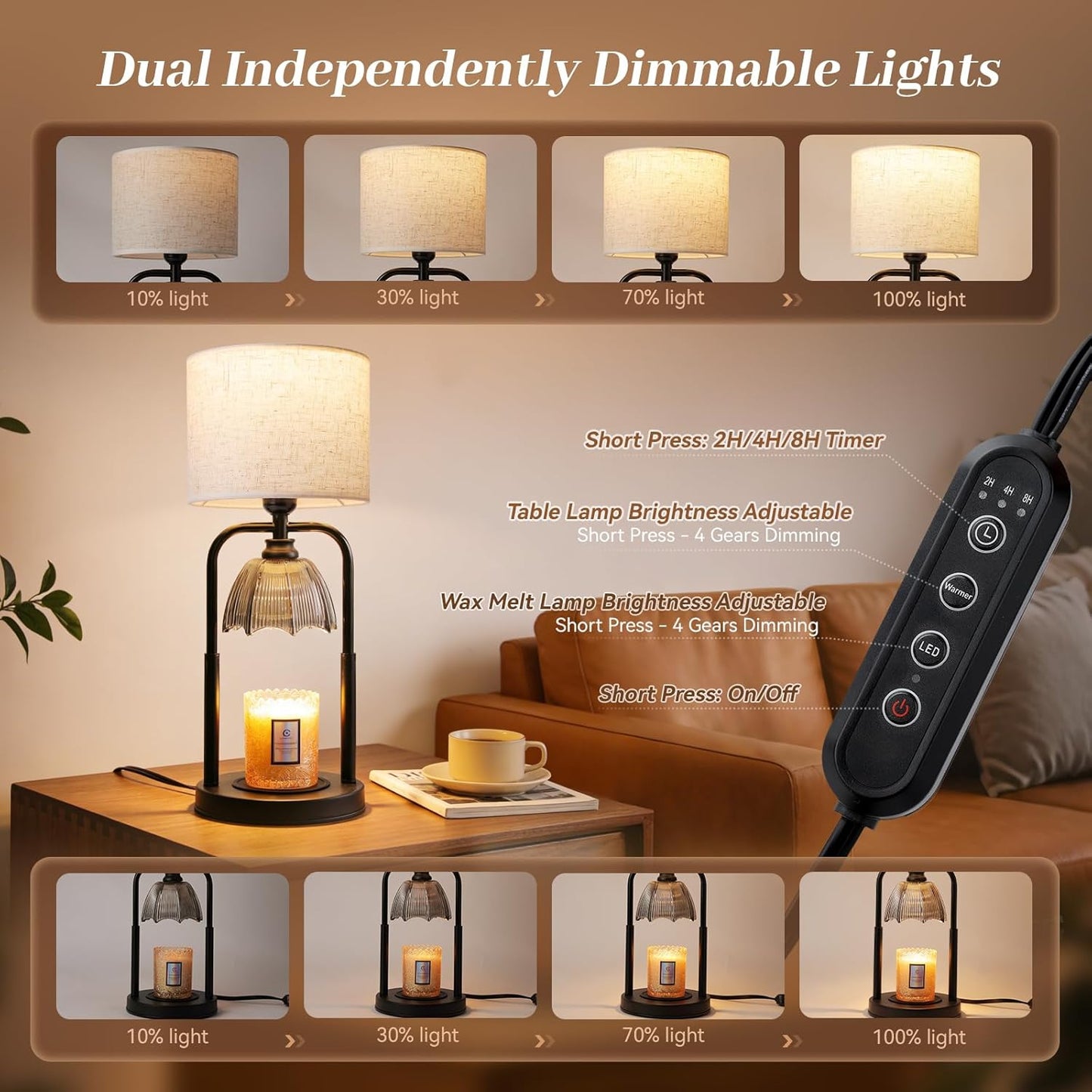 Skiennix Safe Candle Warmer Lamp - Flameless Electric Wax Melt Warmer for Large 3-Wick Candles | Adjustable Height, Timer & Dimmer - Black