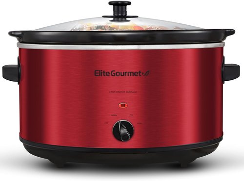 Elite Gourmet MST-900RXT Electric Ceramic Slow Cooker - 8.5Qt, Adjustable Temp, Dishwasher Safe, Metallic Red
