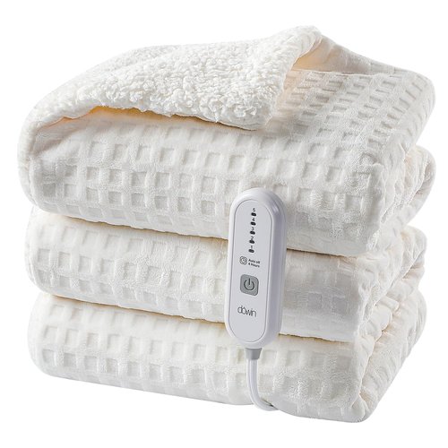 Dowin Heated Blanket Electric Blanket - Throw Size Waffle Fleece Heating Warming Blankets with Auto Shut Off for Couch Office Chair Bed Adults Fuzzy Cozy Machine Washable 50x60 Beige