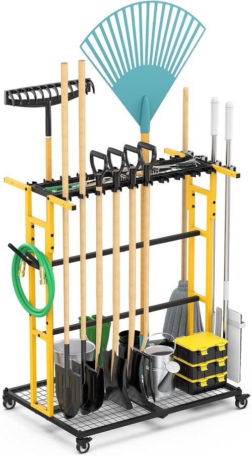 CCCEI Garage Organization Cart - Mobile Outdoor Tool Organizer for Yard & Garden | Broom Holder & Storage Solutions