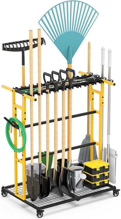 CCCEI Garage Organization Cart - Mobile Outdoor Tool Organizer for Yard & Garden | Broom Holder & Storage Solutions
