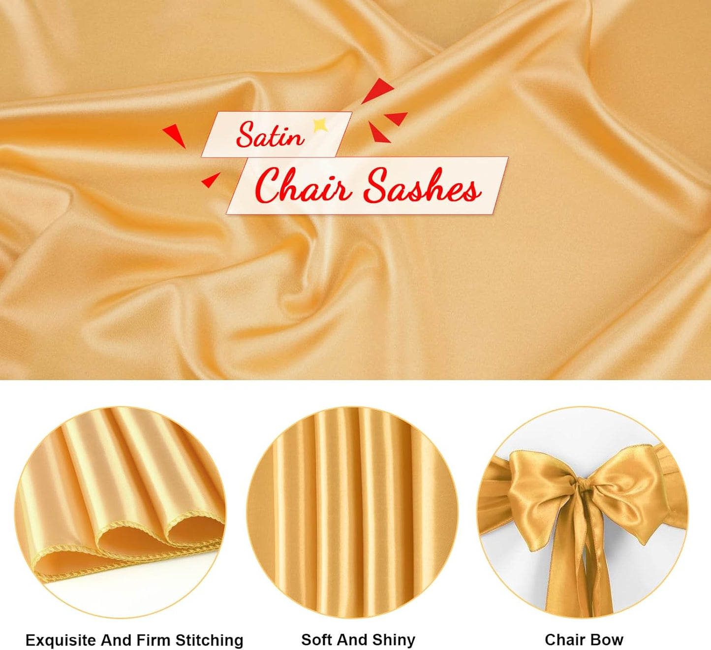 Skiennix Gold Satin Chair Sashes - Elegant Bow Ties for Weddings & Events | 10 PCS (7x108 Inch)