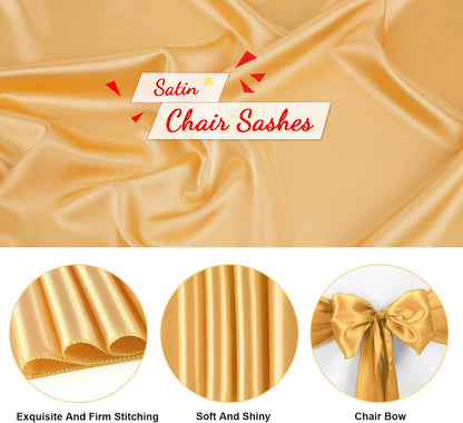 Skiennix Gold Satin Chair Sashes - Elegant Bow Ties for Weddings & Events | 10 PCS (7x108 Inch)