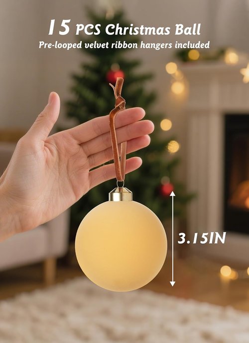 Brightown Velvet Christmas Balls - 15 Pcs 3.15 Inch Beige Ornaments for Holiday Tree Decor