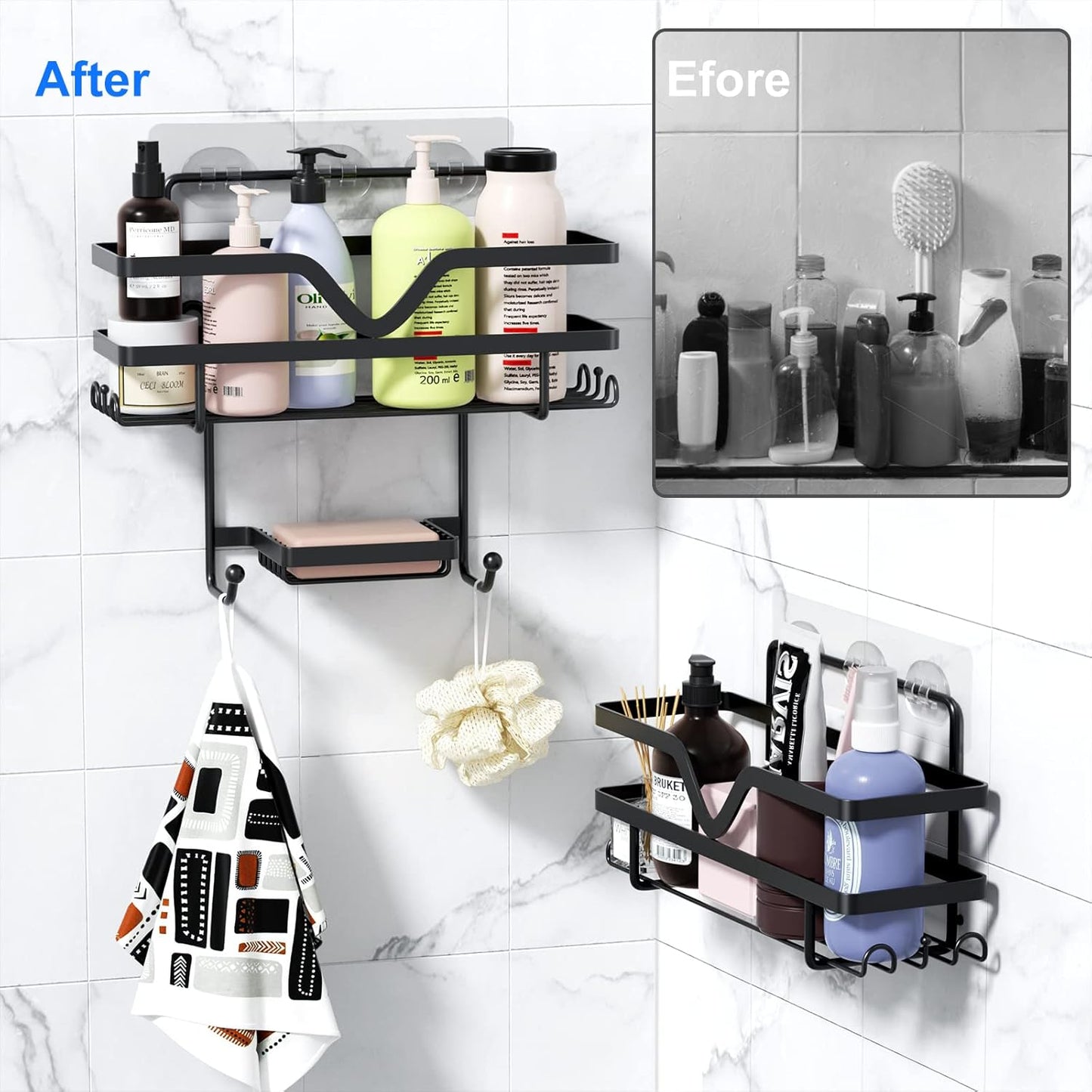 Skiennix Shower Caddy 3 Pack - Rustproof No Drill Organizer Shelves with Soap Dish & Hooks | Black