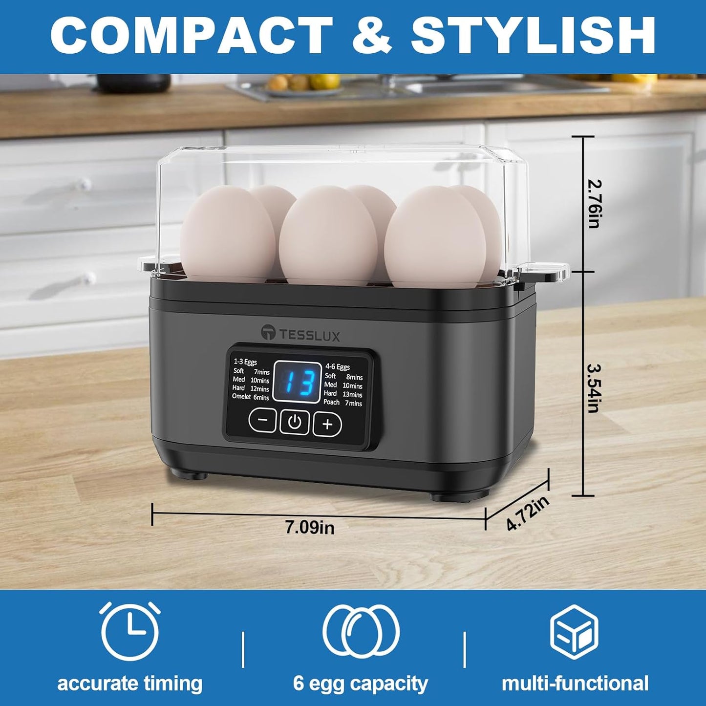Tesslux Electric Egg Cooker - 6 Egg Capacity for Hard Boiled, Poached, & Scrambled Eggs | Auto Shut Off (Gray)