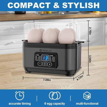 Tesslux Electric Egg Cooker - 6 Egg Capacity for Hard Boiled, Poached, & Scrambled Eggs | Auto Shut Off (Gray)