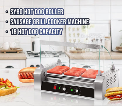 SYBO Hot Dog Roller - 18 Capacity, Non-Stick Stainless Steel, Detachable Glass Cover, 1000 Watts