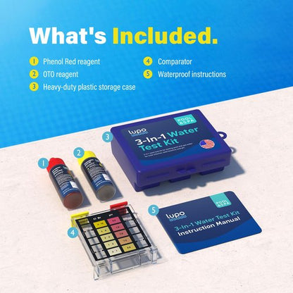 Lupo 3-in-1 Pool Test Kit - Accurate Testing for Total Chlorine, Bromine & pH | Ideal for Residential Pools & Spas