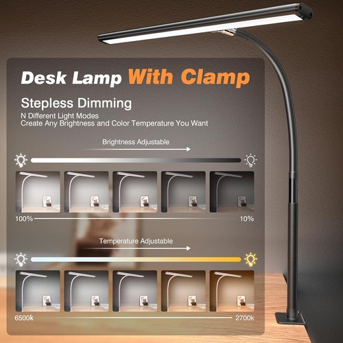 Airlonv LED Desk Lamp - Eye-Caring Adjustable Gooseneck Light with Stepless Dimming | Black, 10W USB Adapter
