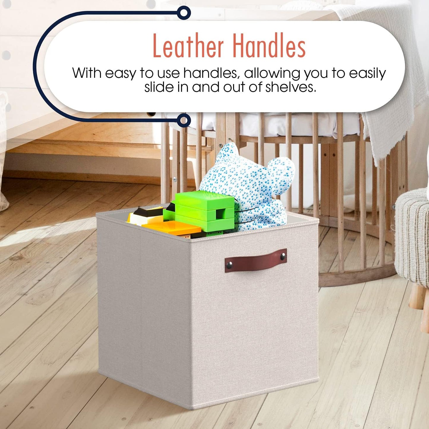 Ornavo Home Storage Cube Bins - Foldable Fabric Organizer with Leather Handles | 11x11, Beige, 6 Pack