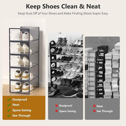 Kuject Shoe Storage Box - Large Crystal Clear Stackable Organizer | Space-Saving 12-Pack in Blue