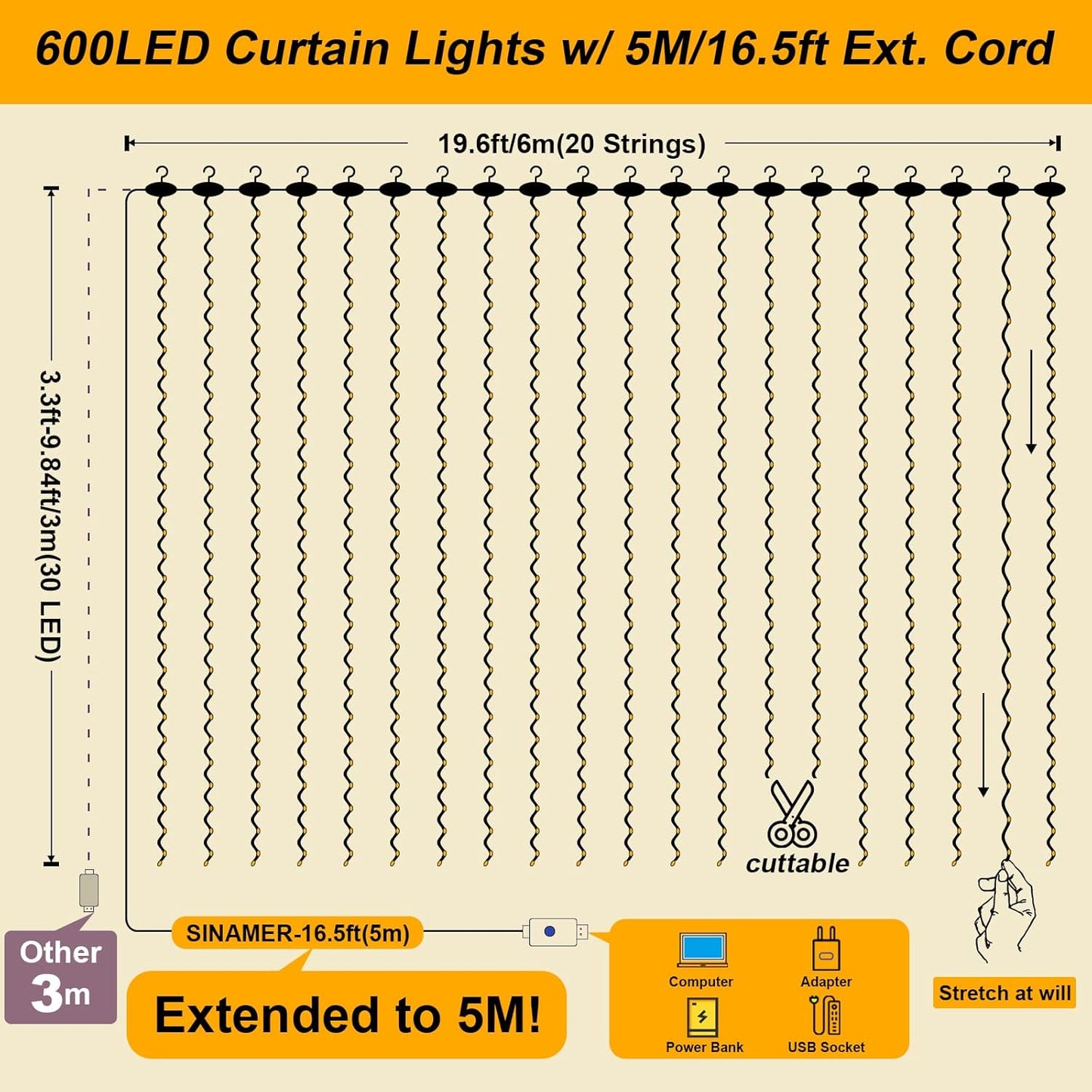Skiennix 600LED Curtain Lights - 19.6ft x 9.8ft Fairy String Lights with 24 Hooks | 8 Modes for Wedding, Party, Xmas Decor