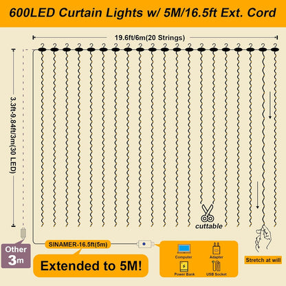 Skiennix 600LED Curtain Lights - 19.6ft x 9.8ft Fairy String Lights with 24 Hooks | 8 Modes for Wedding, Party, Xmas Decor