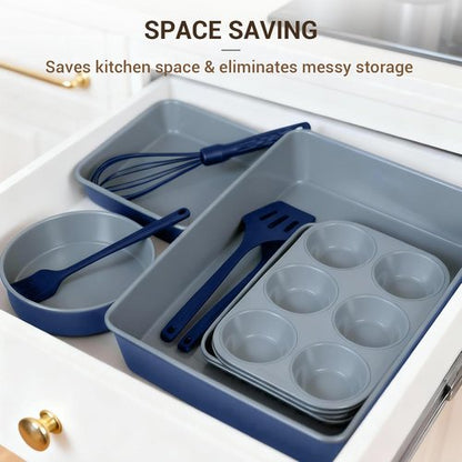 Ammeloo 22-Piece Non-Stick Baking Pans Set - Stackable Bakeware with Oven Mitts & Utensils | Gray & Navy Blue
