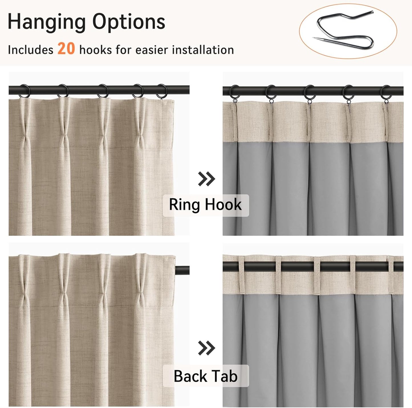 Skiennix 100% Blackout Curtains - Faux Linen Pinch Pleated Drapes, 84" Long | Oatmeal, 2 Panels Set
