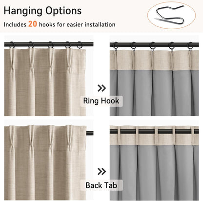 Skiennix 100% Blackout Curtains - Faux Linen Pinch Pleated Drapes, 84" Long | Oatmeal, 2 Panels Set