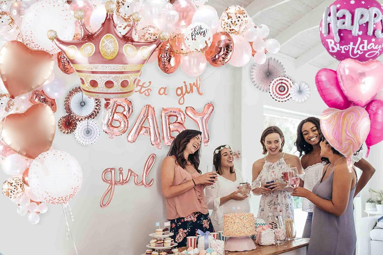 Rose Gold Crown Mylar Balloons - Large Round Pink Balloons Set for Women's Birthday Decorations