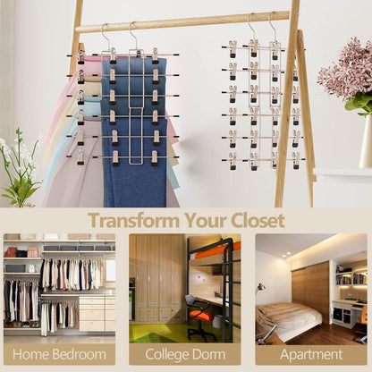 Skiennix Pants Hangers with Clips - Space-Saving 6-Tier Closet Organizer | 360° Swivel Hook - 4 Pack