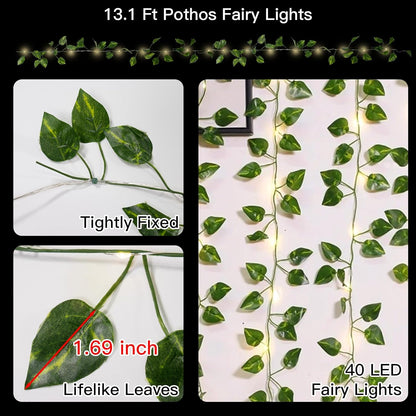 Suddus Fairy Lights Vine - 13.1ft 40 LED Battery Operated Pothos String Lights with Remote | Warm White Decor for Bedroom, Garden, Party, Wedding