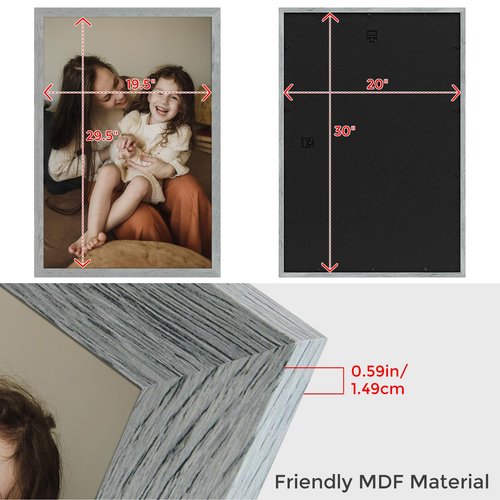 Frametory, 20x30 Poster Frame Grey Distressed Grain Style Frames for 30 by 20 Picture or Photo- Wide Moulding Design with Acrylic Glass - Wall Display Hanging(2 Pack)