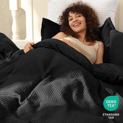 PHF Waffle Weave Duvet Cover Set - Ultra Soft Luxury Twin/Twin XL Bedding | 2-Piece Black Set with Pillow Sham